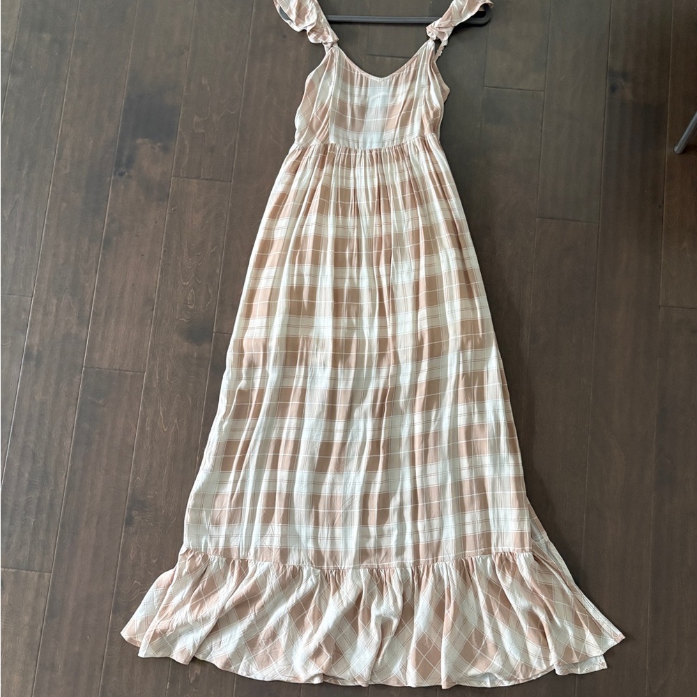Plaid Maxi Sundress with Ruffle Hem - tan & Cream